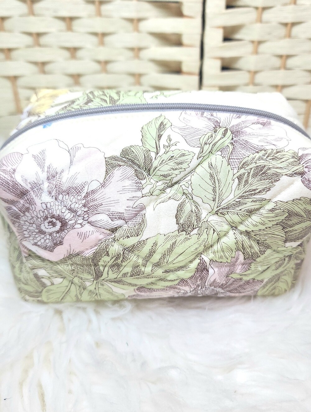 Handmade Quilted Boxy Bag Vintage Cotton Upholstery Fabric Makeup Travel Lined